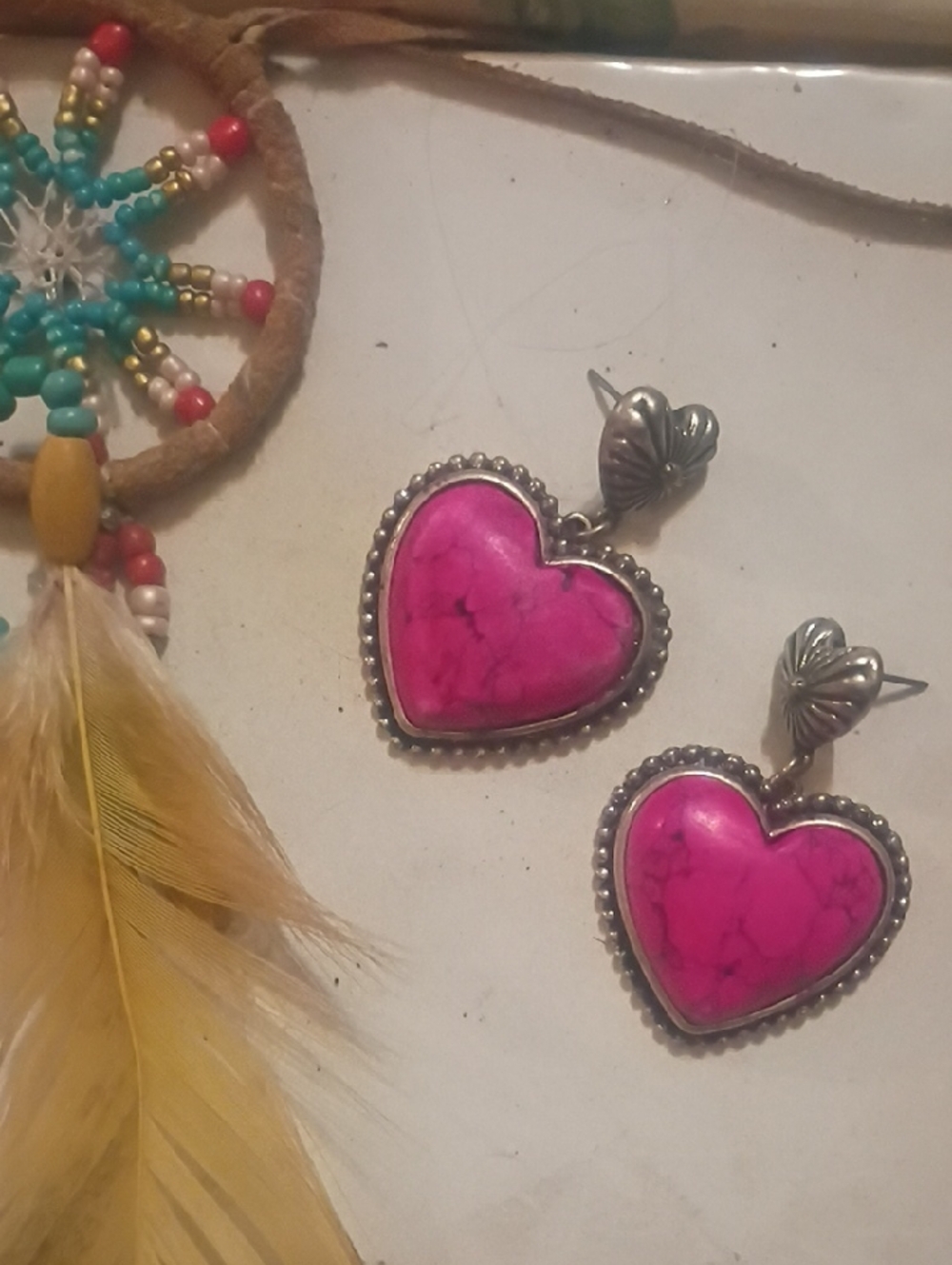 Heart Drop Earrings - Bright Pink Stone with Silver Trim